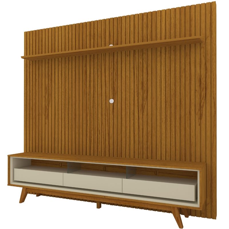 Rack-com-Painel-Ripado-para-TV-ate-85-Polegadas-com-Vidro-3-Gavetas-Pes-em-Madeira-Macica-Nobre-Requinte-Gelius