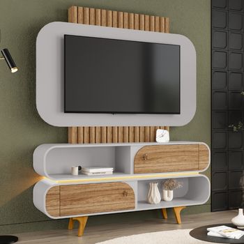 Estante Home Ripado para TV Até 55 Polegadas com LED 2 Portas e Pés de Madeira Camboriú Bechara