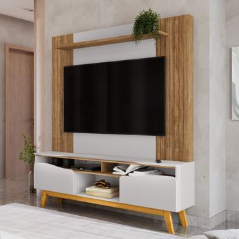 Estante Home Frisado para TV Até 75 Polegadas 2 Portas com Pés de Madeira Maciça Atalaia Bechara