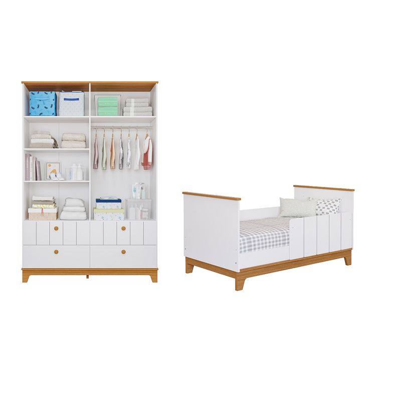 Quarto-Bebe-Gemeos-com-2-Bercos-Mini-Cama-Comoda-6-Gavetas-e-Guarda-Roupa-4-portas-Liza