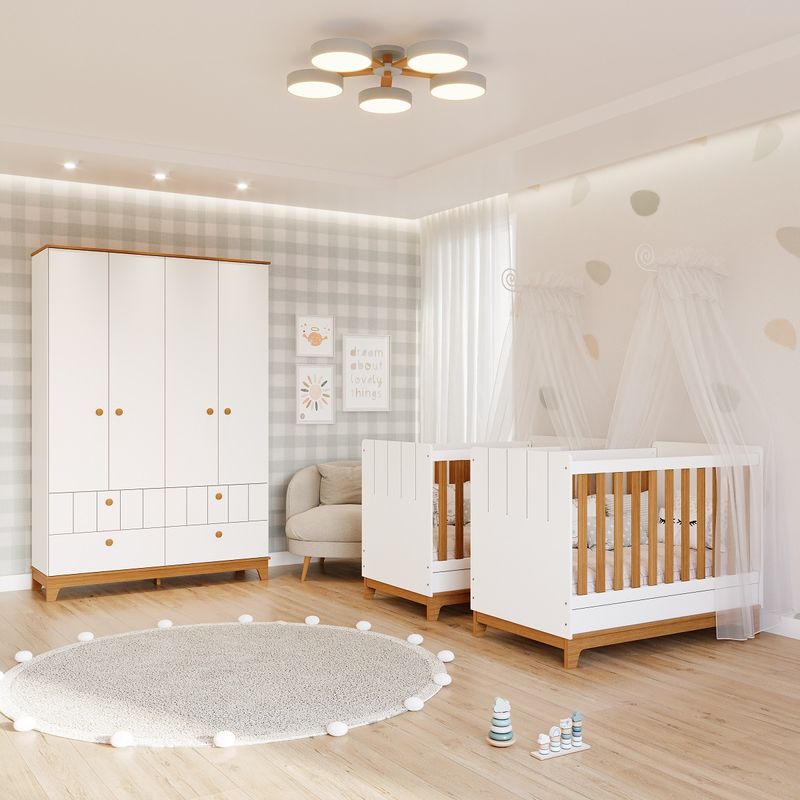 Quarto-Bebe-Gemeos-com-2-Bercos-Mini-Cama-e-Guarda-Roupa-4-portas-Liza