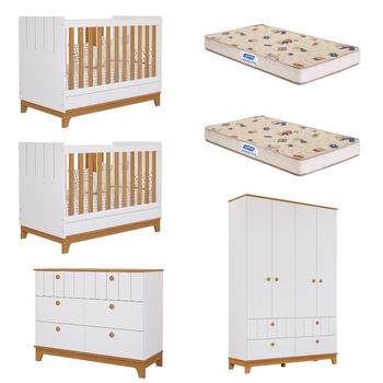 Quarto Bebê Gêmeos com 2 Berços Mini Cama Cômoda 6 Gavetas e Guarda-Roupa 4 portas Liza e 2 Colchões Gazin