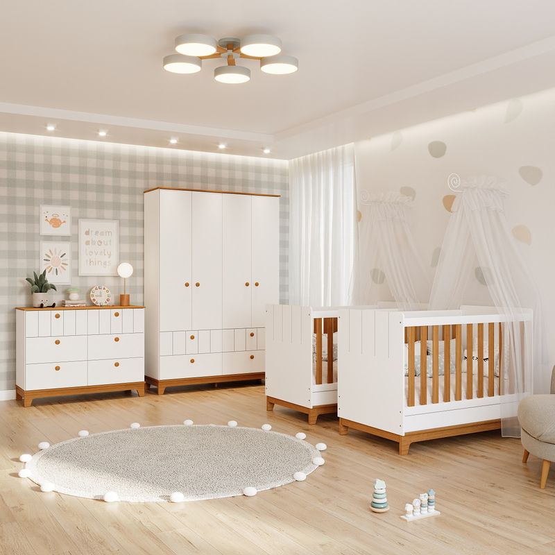 Quarto-Bebe-Gemeos-com-2-Bercos-Mini-Cama-Comoda-6-Gavetas-e-Guarda-Roupa-4-portas-Liza-e-2-Colchoes-Gazin