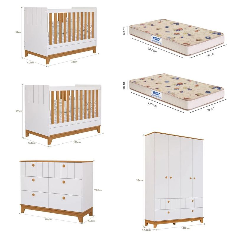 Quarto-Bebe-Gemeos-com-2-Bercos-Mini-Cama-Comoda-6-Gavetas-e-Guarda-Roupa-4-portas-Liza-e-2-Colchoes-Gazin