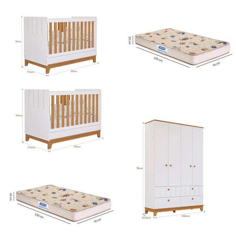 Quarto-Bebe-Gemeos-2-Berco-Mini-Cama--Guarda-Roupa-4-portas-4-gavetas-Liza-e-2-Colchoes-Gazin-Permobili