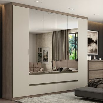 Guarda Roupa Casal Com 4 Espelhos 6 Portas 4 Gavetas em MDF Nobre Full Glass THB