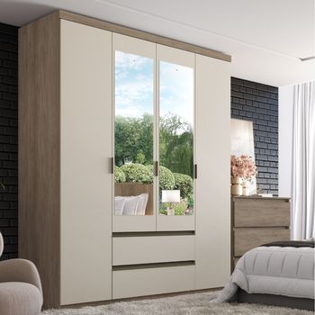 Guarda Roupa Solteiro com Espelho 4 Portas 2 Gavetas em MDF Nobre THB