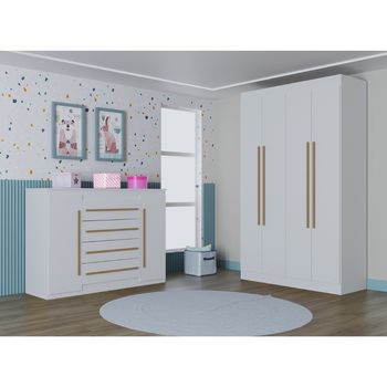 Quarto Infantil Guarda Roupa 4 Portas e Cômoda 4 Gavetas 2 Portas Lucca Poquema