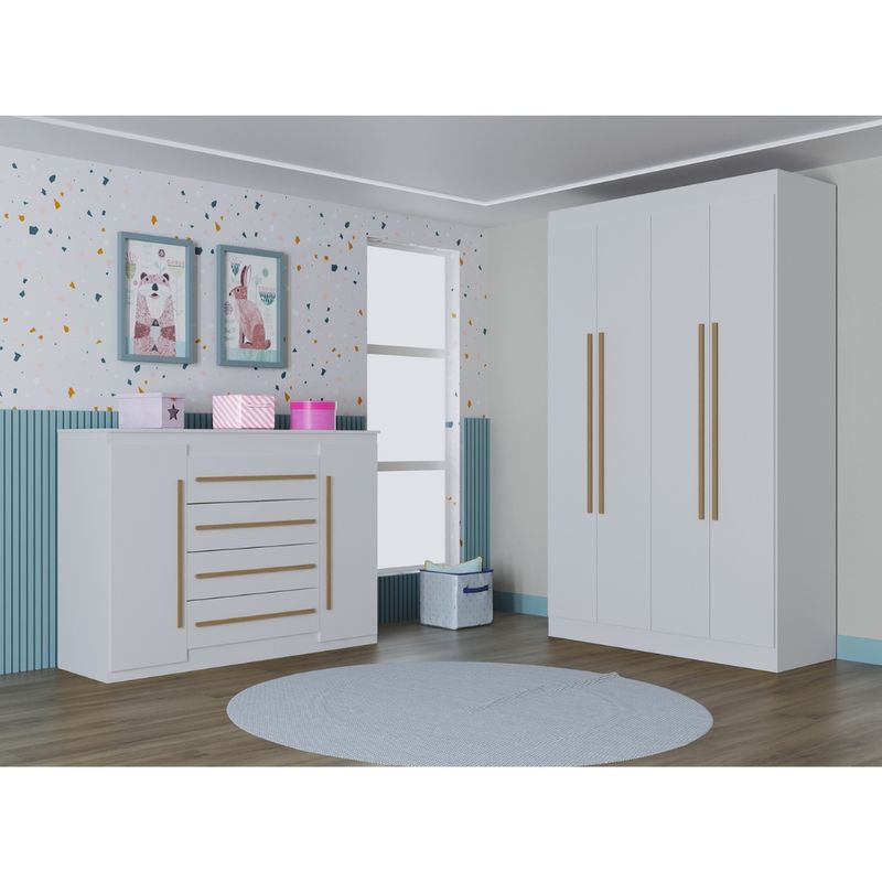 Quarto-Infantil-Guarda-Roupa-4-Portas-e-Comoda-4-Gavetas-2-Portas-Lucca-Poquema