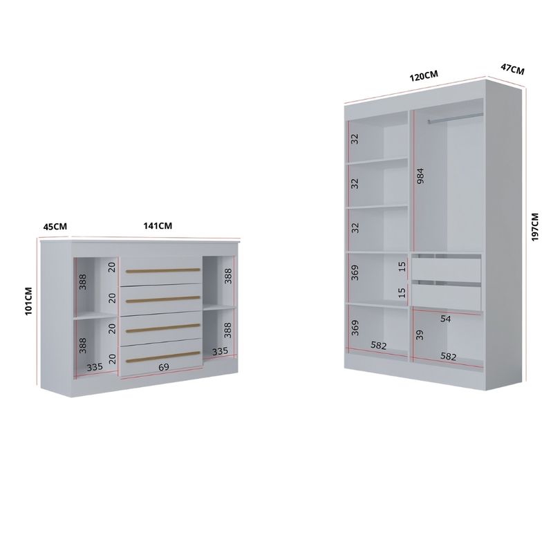 Quarto-Infantil-Guarda-Roupa-4-Portas-e-Comoda-4-Gavetas-2-Portas-Lucca-Poquema