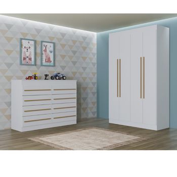 Quarto Infantil Guarda Roupa 4 Portas e Cômoda 8 Gavetas Nina Poquema