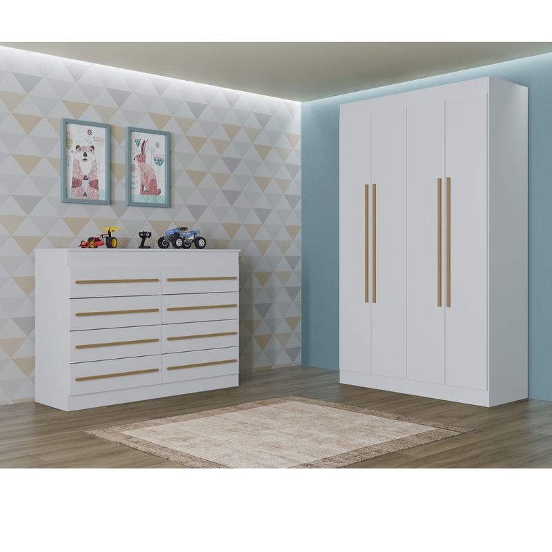 Quarto-Infantil-Guarda-Roupa-4-Portas-e-Comoda-8-Gavetas-Nina-Poquema