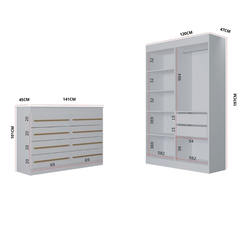 Quarto-Infantil-Guarda-Roupa-4-Portas-e-Comoda-8-Gavetas-Nina-Poquema