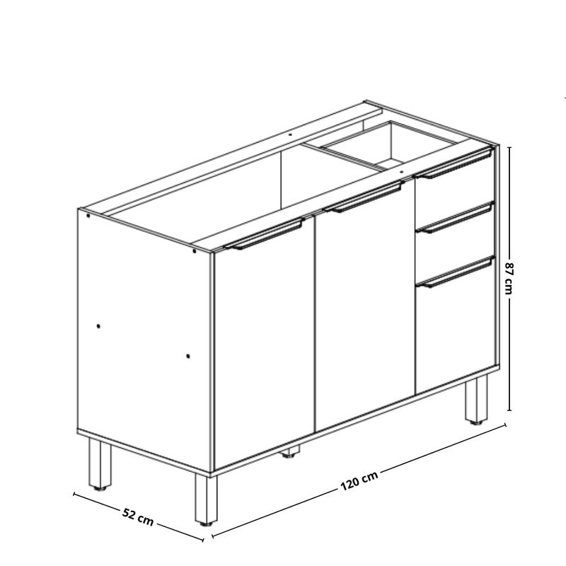 Balcão de Pia 3 Portas 2 Gavetas 120cm em MDF sem Pia Divina MGM Móveis