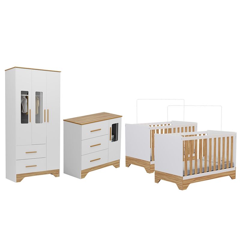 Quarto-de-Bebe-com-2-Berco-Mini-Cama-Guarda-Roupa-3-Porta-2-Gavetas-e-Comoda-1-Portas-3-Gavetas-com-Janela-Popy-Retro-Peroba