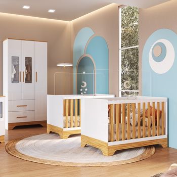 Quarto de Bebê com 2 Berço Mini Cama Guarda Roupa 3 Porta 2 Gavetas com Janela Popy Retrô Peroba
