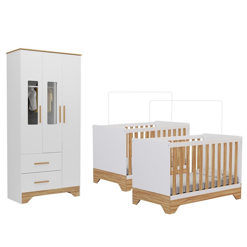Quarto-de-Bebe-com-2-Berco-Mini-Cama-Guarda-Roupa-3-Porta-2-Gavetas-com-Janela-Popy-Retro-Peroba