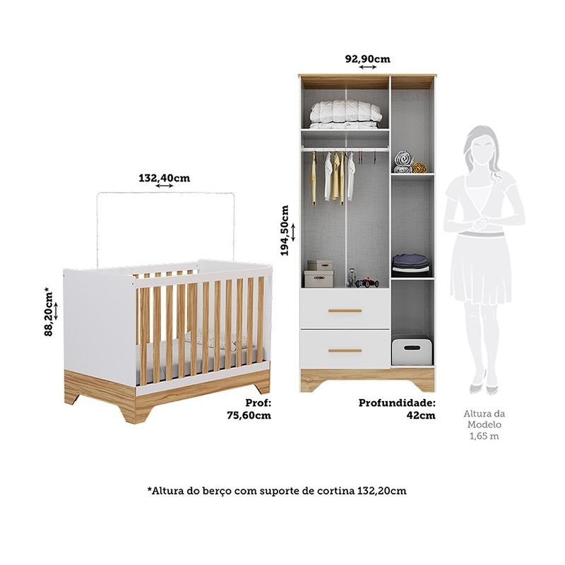 Quarto-de-Bebe-com-2-Berco-Mini-Cama-Guarda-Roupa-3-Porta-2-Gavetas-com-Janela-Popy-Retro-Peroba