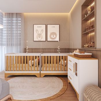 Quarto de Bebê com 2 Berço Mini Cama Cômoda 1 Portas 3 Gavetas com Janela Popy Retrô Peroba