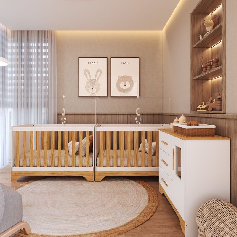 Quarto-de-Bebe-com-2-Berco-Mini-Cama-Comoda-1-Portas-3-Gavetas-com-Janela-Popy-Retro-Peroba