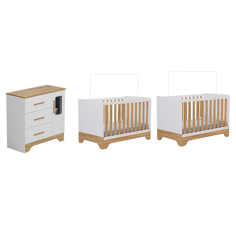 Quarto-de-Bebe-com-2-Berco-Mini-Cama-Comoda-1-Portas-3-Gavetas-com-Janela-Popy-Retro-Peroba