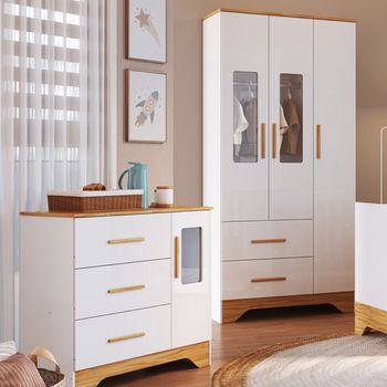 Quarto de Bebê com Guarda Roupa 3 Porta 2 Gavetas e Cômoda 1 Portas 3 Gavetas com Janela Popy Retrô Peroba