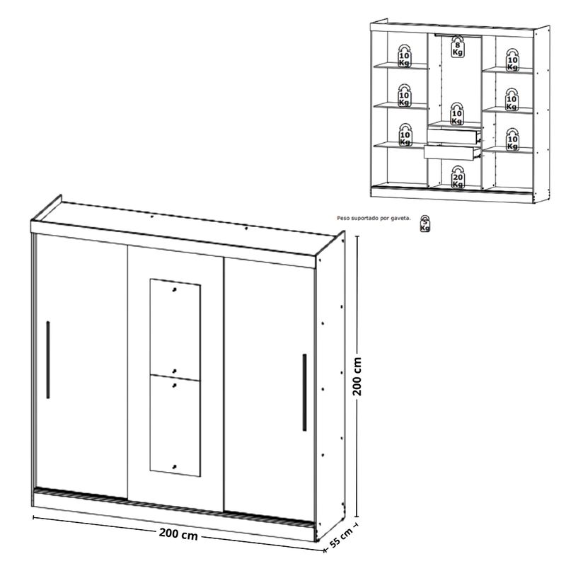 Guarda Roupa Solteiro 3 Portas de Correr Vision GlassTHB