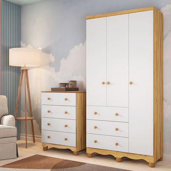 Quarto Infantil com Guarda Roupa Junior New 3 Portas 3 Gavetas e Cômoda 4 Gavetas Junior New MDF Móveis Peroba
