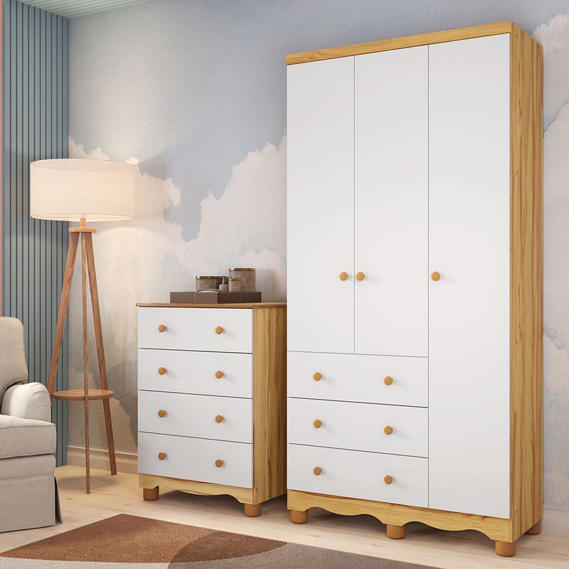 Quarto-Infantil-com-Guarda-Roupa-Junior-New-3-Portas-3-Gavetas-e-Comoda-4-Gavetas-Junior-New-MDF-Moveis-Peroba