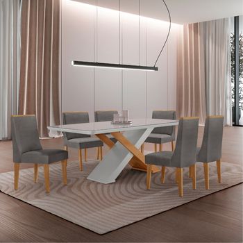 Conjunto Sala de Jantar Mesa 180cm com Vidro Imperatriz 6 Cadeiras Dakota em MDF Rufato