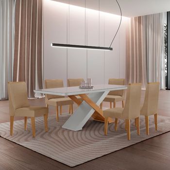 Conjunto Sala de Jantar Mesa 180cm Tampo de Vidro Imperatriz com 6 Cadeiras em MDF Dakota Rufato