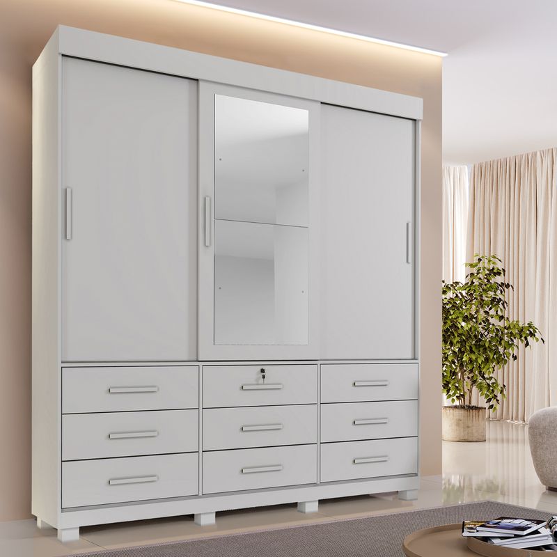 Guarda-Roupa-Casal-com-Espelho-3-Portas-de-Correr-9-Gavetas-com-Pes-Londres-Benetil