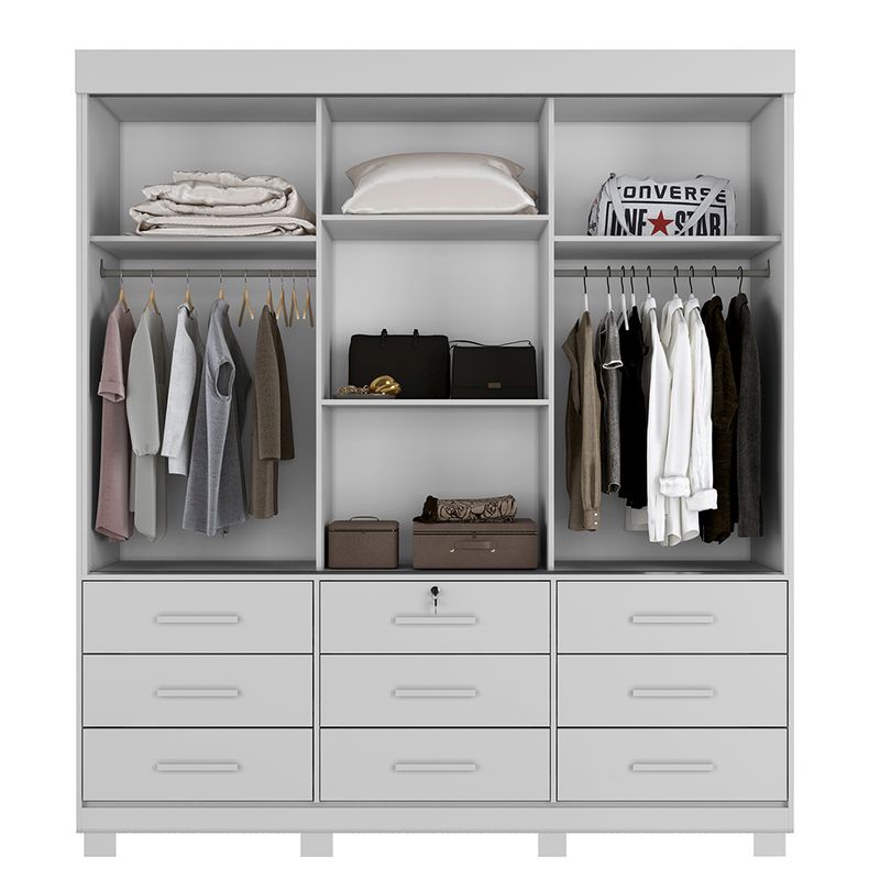 Guarda-Roupa-Casal-com-Espelho-3-Portas-de-Correr-9-Gavetas-com-Pes-Londres-Benetil