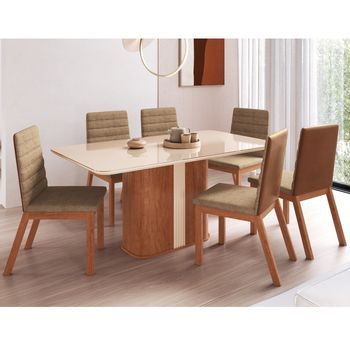 Conjunto Sala de Jantar Mesa 160cm Tampo de Vidro com 6 Cadeiras em Madeira Maciça 165/05 Zamarchi