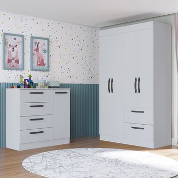 Quarto Infantil Guarda Roupa 4 Portas 2 Gavetas e Cômoda 4 Gavetas 1 Porta Loly Poquema