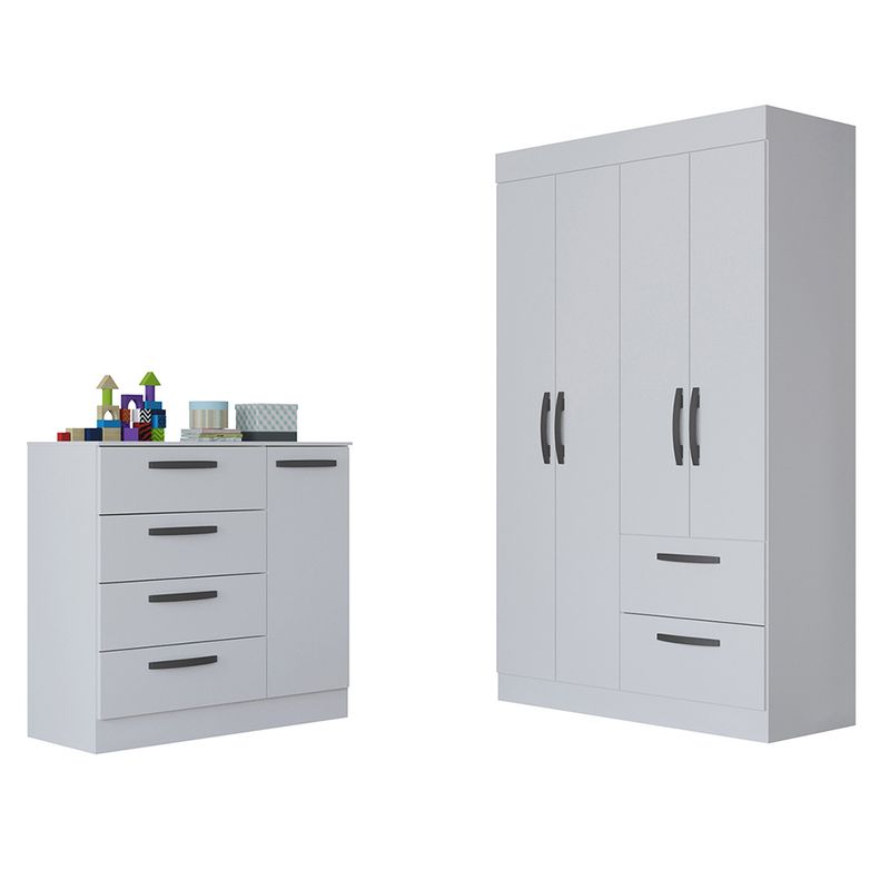 Quarto-Infantil-Guarda-Roupa-4-Portas-2-Gavetas-e-Comoda-4-Gavetas-1-Porta-Loly-Poquema