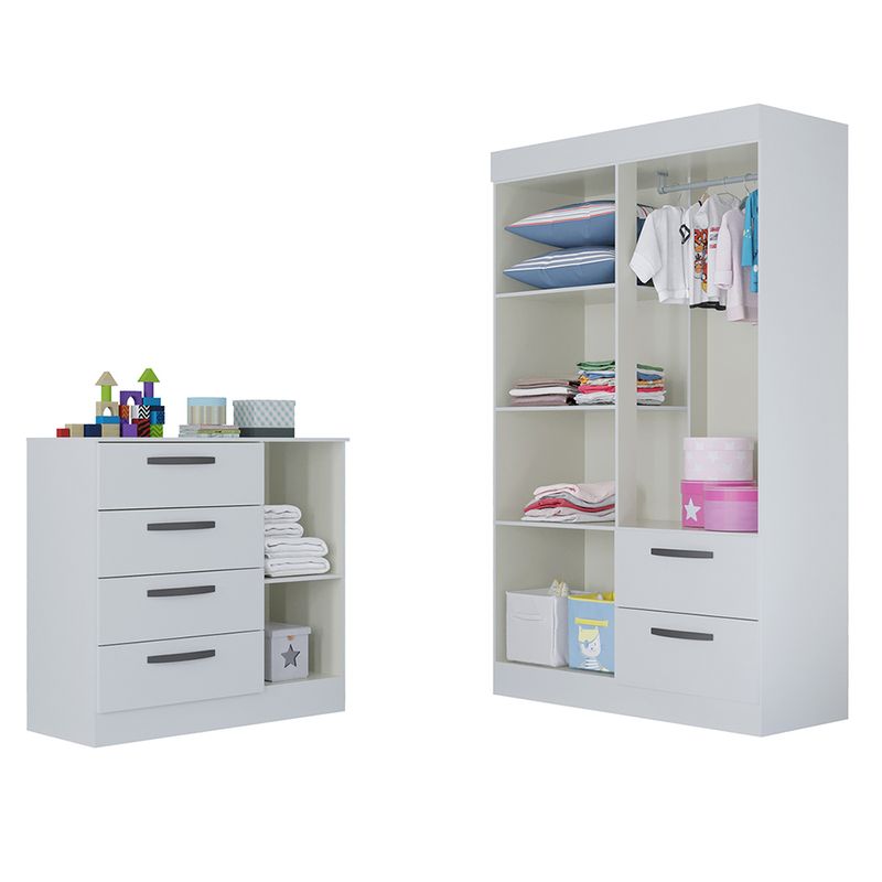 Quarto-Infantil-Guarda-Roupa-4-Portas-2-Gavetas-e-Comoda-4-Gavetas-1-Porta-Loly-Poquema