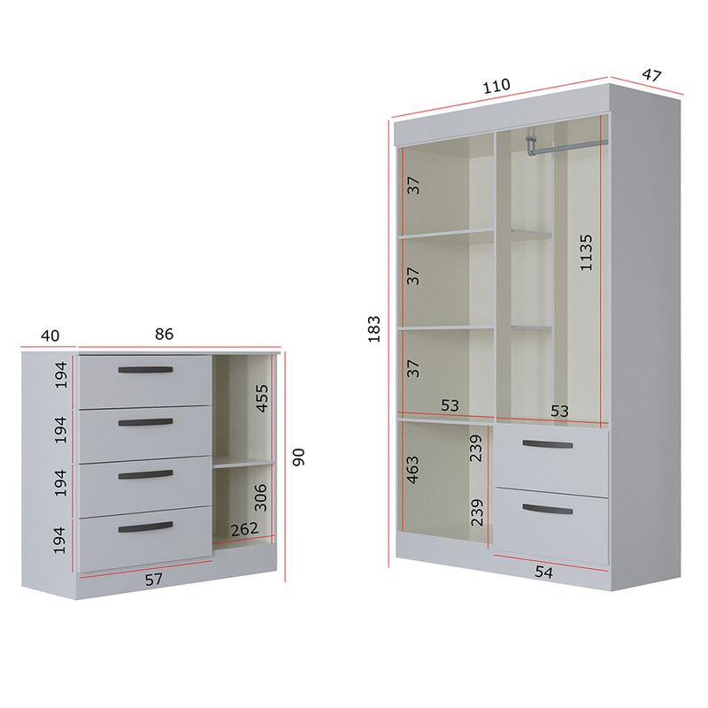 Quarto-Infantil-Guarda-Roupa-4-Portas-2-Gavetas-e-Comoda-4-Gavetas-1-Porta-Loly-Poquema