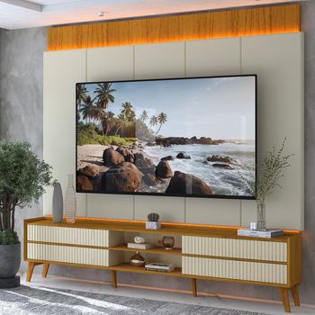 Rack com Painel para TV até 75 Polegadas com LED 4 Gavetas MDF Ripado com Pés em Madeira Magnífico Gelius