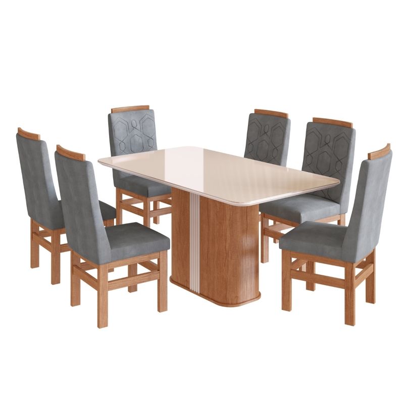 Conjunto Sala de Jantar Mesa com Tampo de Vidro 160cm e 6 Cadeiras Joli Velvetem em Madeira Maciça 165/26 Zamarchi