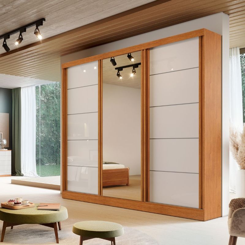 Guarda Roupa Casal com Espelho 3 Portas de Correr em MDF Capri Bianchi