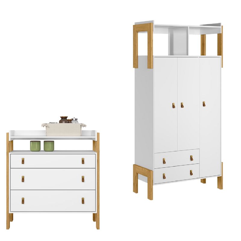Quarto-de-Bebe--Guarda-Roupa-3-portas-2-Gavetas-e-Comoda-3-Gavetas-Fantasia-Qmovi
