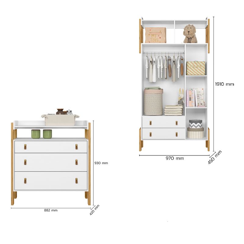 Quarto-de-Bebe--Guarda-Roupa-3-portas-2-Gavetas-e-Comoda-3-Gavetas-Fantasia-Qmovi