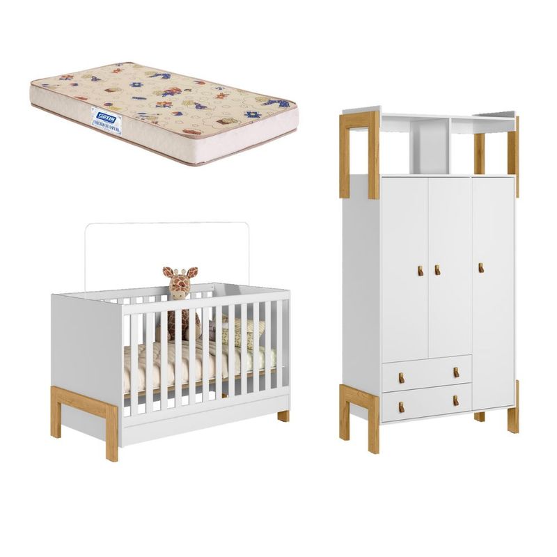 Quarto-de-Bebe-Berco-mini-cama-e-Guarda-Roupa-3-portas-2-Gavetas-Fantasia-Qmovi-e-Colchao-Gazin