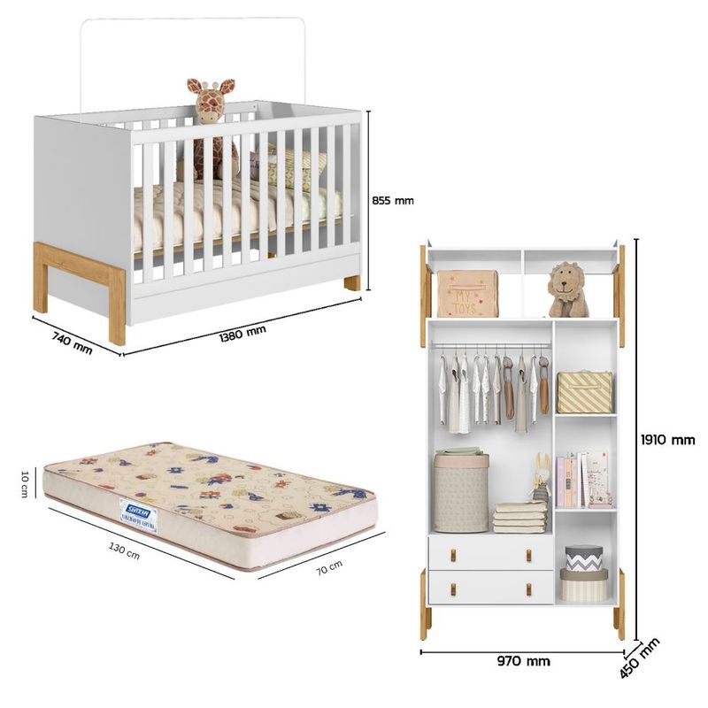 Quarto-de-Bebe-Berco-mini-cama-e-Guarda-Roupa-3-portas-2-Gavetas-Fantasia-Qmovi-e-Colchao-Gazin
