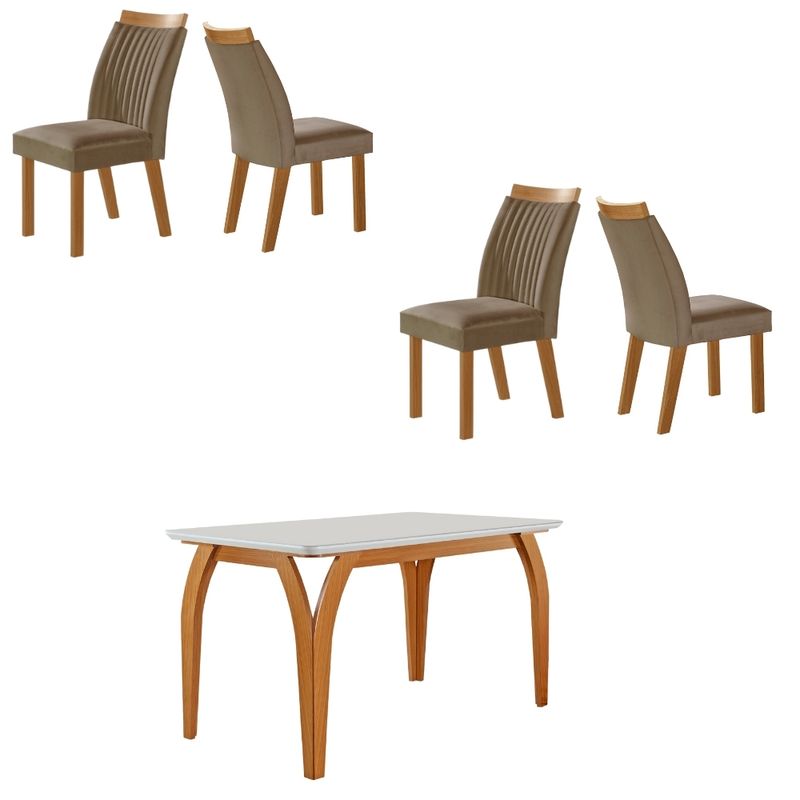 Conjunto-Sala-de-Jantar-Mesa-Agata-com-Tampo-de-Vidro-135cm-e-4-Cadeiras-em-MDF-Dara-LJ-Moveis