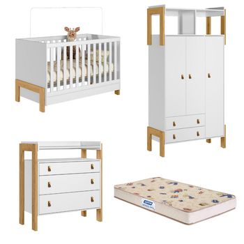 Quarto de Bebê Completo Berço mini cama Guarda-Roupa Cômoda Fantasia Qmovi e Colchão Gazin