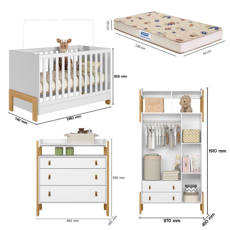 Quarto de Bebê Completo Berço mini cama Guarda-Roupa Cômoda Fantasia Qmovi e Colchão Gazin