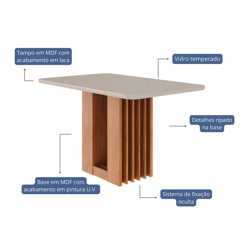 Mesa de Jantar 130cm com Tampo de Vidro Em MDF Ariela Cimol