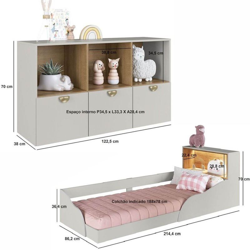 Quarto-Infantil-Cama-Solteiro-Montessoriana-Led-e-Comoda-CJ082-Lille